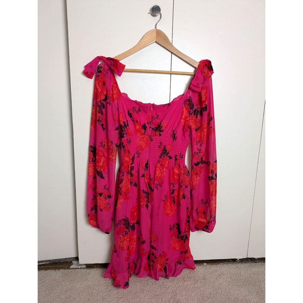 Betsey Johnson Smocked Hot Pink Floral Babydoll Mini Dress w/ Long Sleeves Sz 6 - Picture 4 of 8